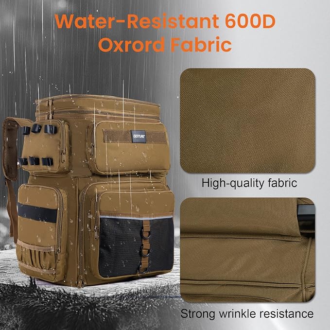 Goture 66L Rolling Tackle Box with Cooler, Khaki Large Fishing Bag with Wheels for 5 3700 Trays(Trays Included), Saltwater Resistant Tackle Backpack with Rod Holders