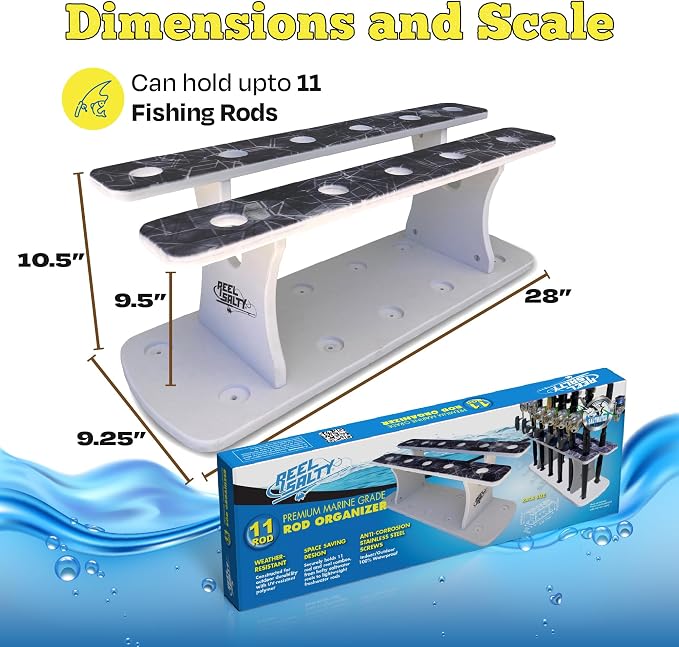 Rush Creek Creations Reel Salty Gray/White/Blue 11-Rod Marine Grade Fishing Rod Holder - Bi-Level Design, UV-Resistant, 100% Waterproof for Garage and Dock