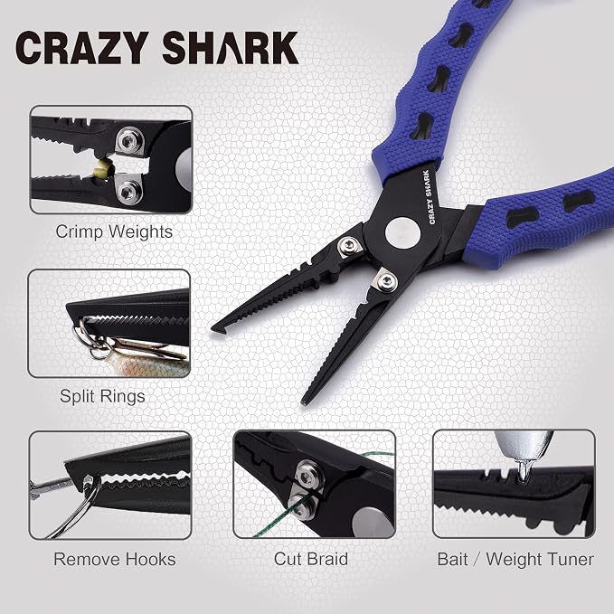 Fishing Pliers, Stainless Steel Fishing Tools, Saltwater Resistant Fishing Gear, Tungsten Carbide Cutters, Split Ring Pliers, Hook Remover with Coiled Lanyard and Sheath