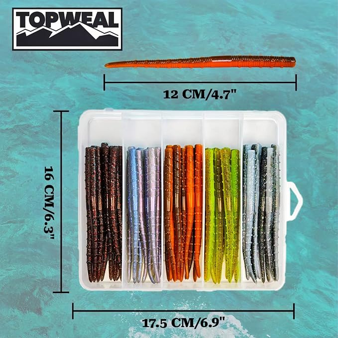 Senko Worms for Bass Fishing, 5” Soft Plastic Stick Baits 50PCS, Floating TPE Ned Rig Worm Kit, Durable Stretchy Bass Lures for Wacky, Texas Rig Freshwater Saltwater
