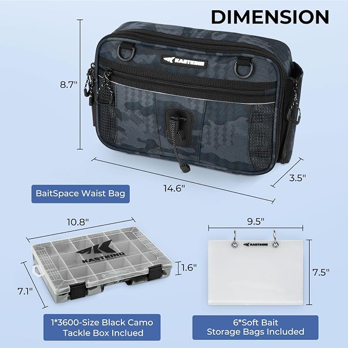 KastKing BaitSpace Waist Bag – Waterproof Tackle Storage Bag With Adjustable Belt, Fishing Fanny Pack for Men, Soft Bait Organizer, 3600 Utility Box, Rod Holder, Nylon