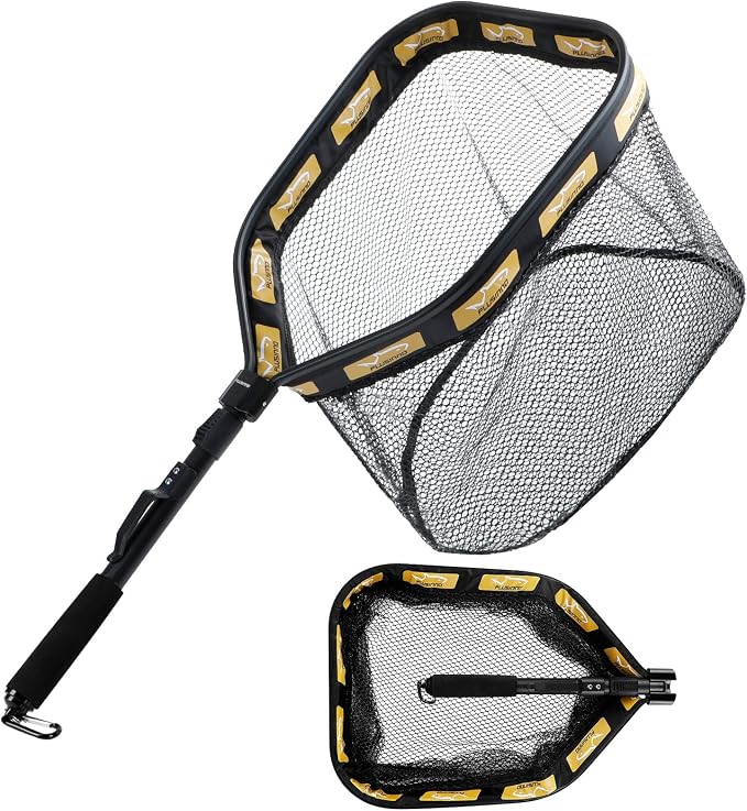 PLUSINNO Floating Fishing Net for Steelhead, Salmon, Fly, Kayak, Catfish, Bass, Trout Fishing, Rubber Coated Foldable Landing Net with Fixed or Telescoping Pole Handle, Fishing Gear and Gifts for Men