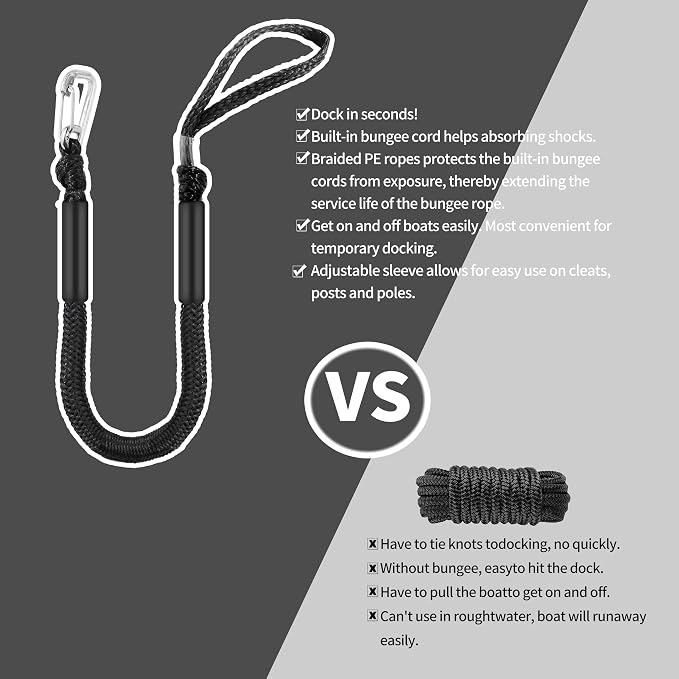 Boat Bungee Dock Lines – Adjustable Boat Tie Downs for Pontoon, Jet Ski, PWC, Kayak | Single Hook Small Cruiser Mooring Lines | (2, Black, 3 Feet)