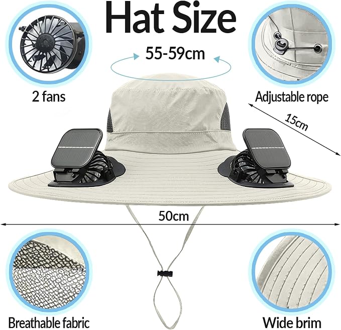 Solar Powered Fan Hat for Men Women Wide Brim Hat with 2 Fans UPF 50+ Outdoor Fishing Beach Sun Hat