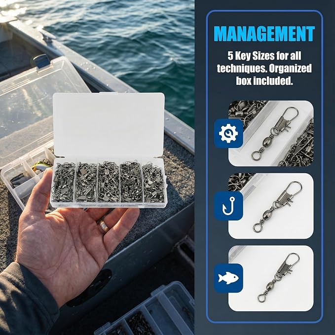 Fishing Barrel Swivels with Snap Set: 220pcs Large Small Snap Swivels Assortment for Saltwater Freshwater Connector Fishing Tackle - Size #2#4#6#8#10