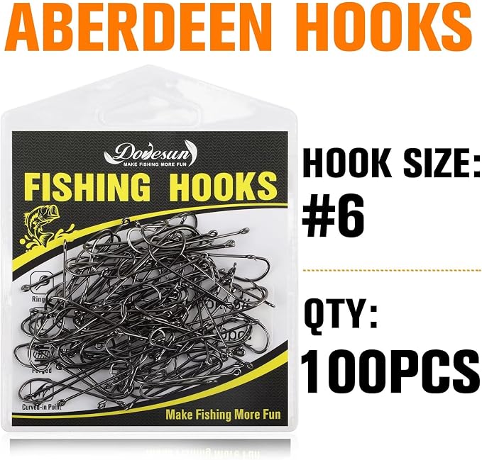 Dovesun Fishing Hooks Freshwater Aberdeen Fishing Hooks 100Pcs Long Shank High-Carbon Steel Worm Hooks Small Bass Trout Crappie 12# 10# 8# 6# 4# 2# 1# 1/0 2/0
