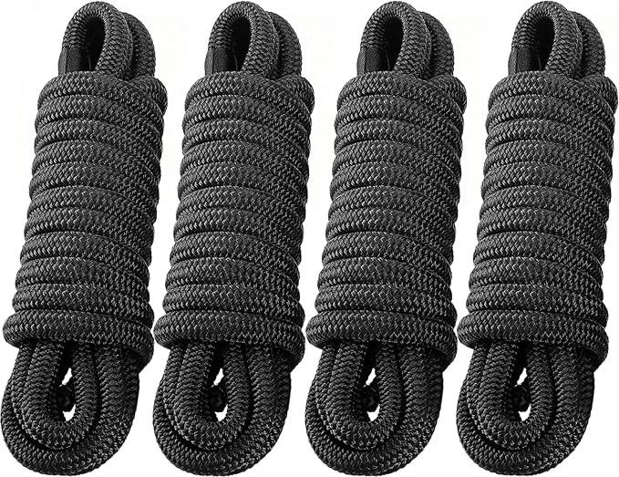 4 Pack 3/4" x 25' Dock Lines - Marine Grade Nylon Boat Rope with 15" Loop for Docking and Mooring - Double Braided Boat Lines, High Strength, Easy Handling, Fray Resistant, Heavy Duty - Black
