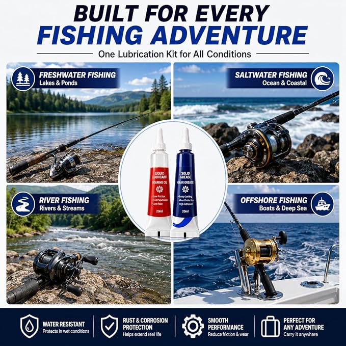 XIRUJNFD Fishing Reel Oil and Grease Kit, Bearing Lubricant and Gear Grease for Fishing Reels, Anti-Rust Reel Maintenance for Spinning, Baitcaster and Conventional Reels
