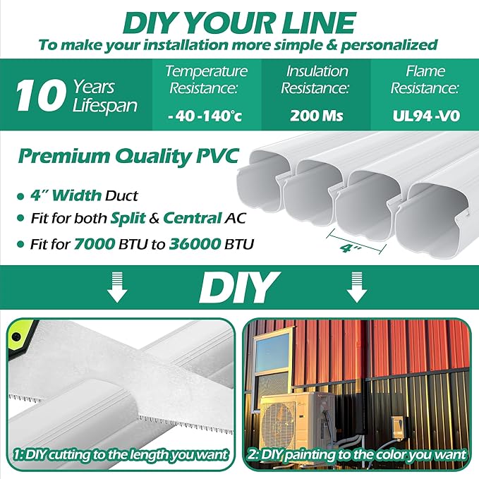 4'' 17 Ft Mini-split Line Set Covers, Line Hide Cover Kit for Mini Split Air Conditioners and Central AC