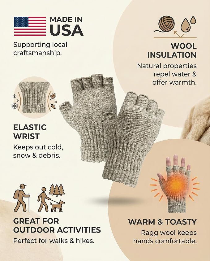 Fingerless Ragg Wool Gloves Made in the USA