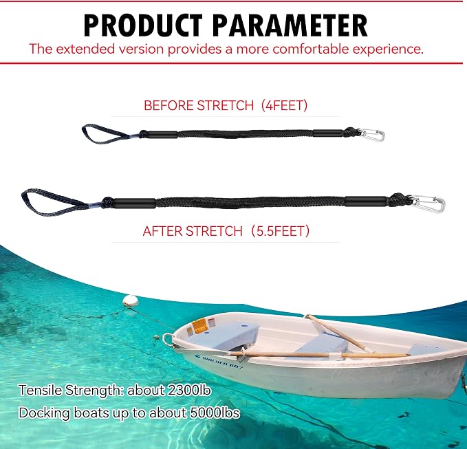 Boat Bungee Dock Lines – Adjustable Boat Tie Downs for Pontoon, Jet Ski, PWC, Kayak | Single Hook Small Cruiser Mooring Lines | (2, Black, 4 Feet)