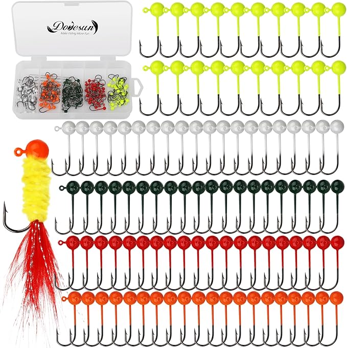 Dovesun 100pcs Fly Tying Jigs Kit, Jig Heads for Fly Fishing 1/124oz 1/80oz 1/64oz 1/32oz 1/16oz Jig Head Small Fly Fishing Hooks DIY Lure Making Kit Suit for Tying Flies | Crappie Lures