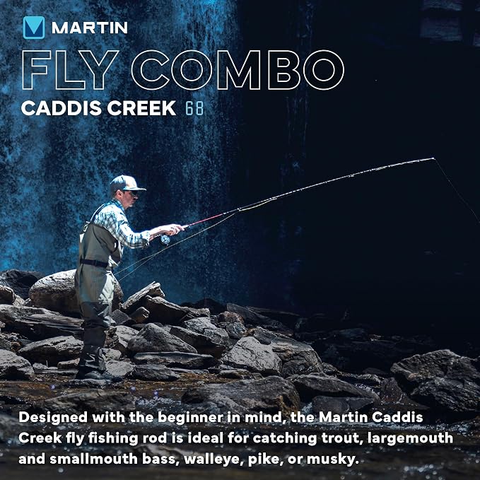 Martin Caddis Creek Fly Fishing Rod and Reel Combo, 9-Foot 2-Piece Fiberglass Rod, Moderate Fast Action, Single Action Fly Reel, Aluminum Frame and Spool, Interchangeable Retrieve, Brown