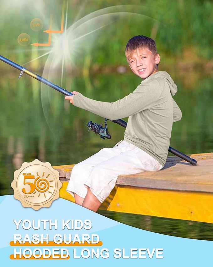 Roadbox Boys Rash Guard Hooded Fishing Shirt, Kids UPF 50+ Long Sleeve Sun Hoodie, Youth UV Protection Beach Swim Shirts