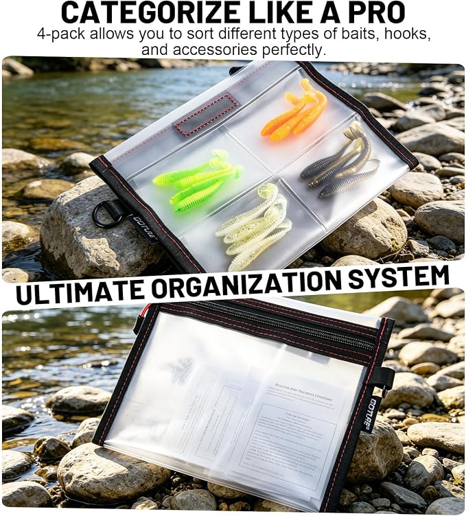 Goture 3Pcs Waterproof Fishing Lure Bags, Clear Fishing Bait Storage Pouches, Soft Plastic Tackle Organizer Bags for Freshwater & Saltwater, Heavy Duty Fishing Gear Pouches for Jig, Worm, Swimbait