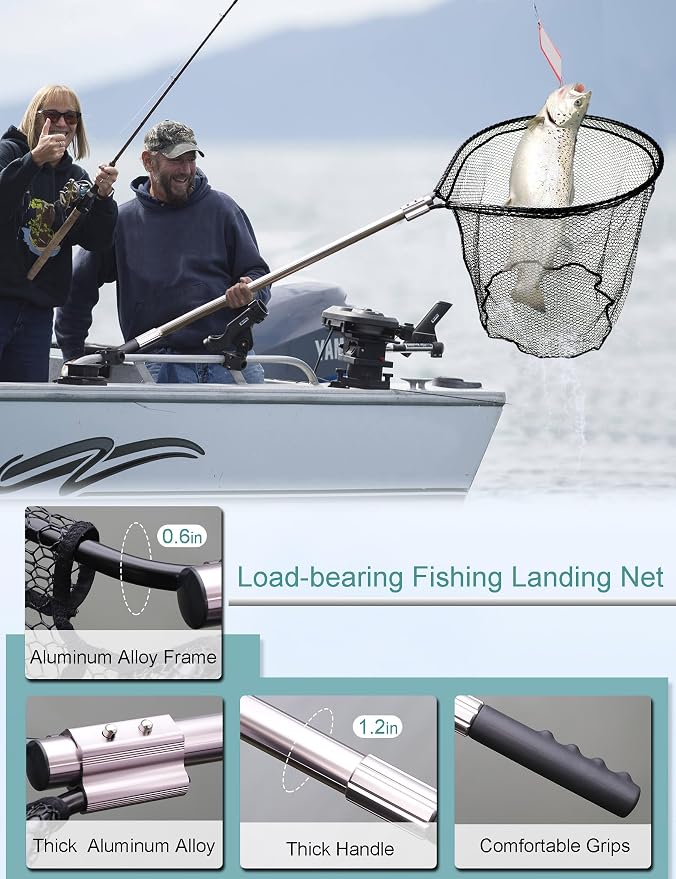 Avlcoaky 94" Telescopic Fishing Landing Net - Heavy-Duty Aluminum Handle with Non-Snag Rubber Coated Mesh, Extra Large Fishing Net for Saltwater Boat Fishing