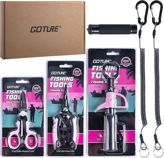 Goture Fishing Tool Kit,Fishing Pliers,Fillet Knife with Sheath,Fish Lip Gripper,Fish Hook Remover,Lanyard,Line Scissors,Sharpener,Stainless Steel Soap,Saltwater Gear Kit,Red/Pink,Gifts for Men/Women