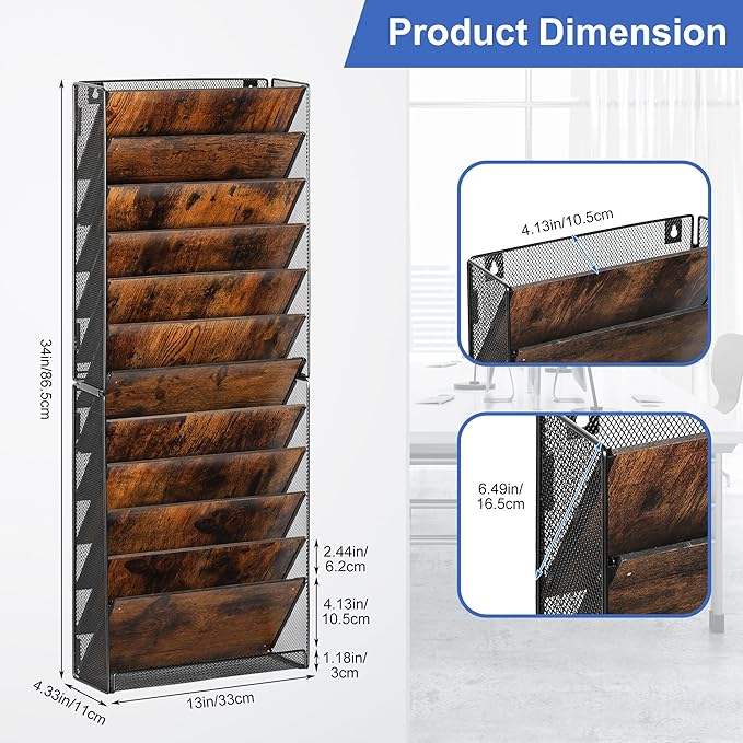 TQVAI 12-Tier Hanging Wall File Organizer - Folding Wall Mounted Mail Document Holder, Metal Clipboard Storage Rack for Office, Homeschool, Classroom Organization, Black/Vintage