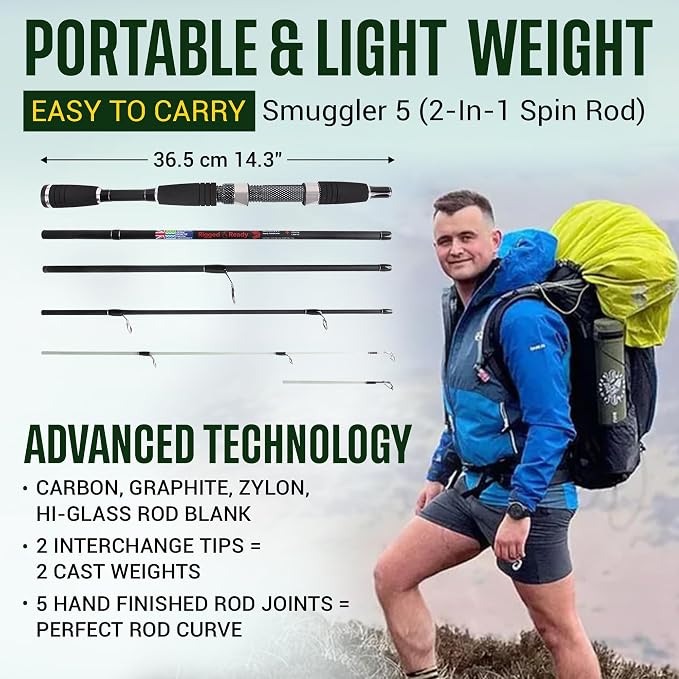 Rigged and Ready Smuggler Series™ Travel Fishing Rods. Super Compact, 1 Spinning Rod and Reel Combo, 4 Spin, 1 Casting Rod + Cases. 2, 3 or 4 Tips. Spin and General Freshwater - Saltwater Fishing