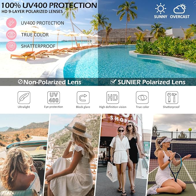 Sunier Polarized Sunglasses for Men and Women, Retro Square Matte Finish UV400 Protection Shades for Driving, Fishing
