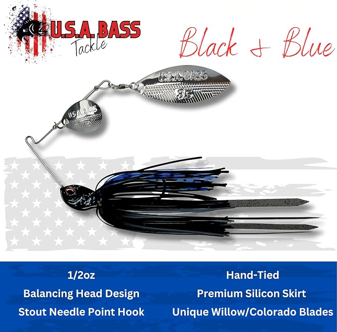 USA BASS Tackle Apache Attack Spinnerbait Type II Largemouth Smallmouth Spotted Bass Premium Fishing Bait Handtied Skirt Custom Blades Heavy Duty Hook New for 2025