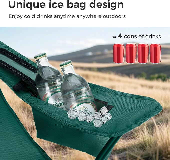 LET'S CAMP Camping Chair 2 Pack Folding Chair with 4-Can Cooler Bag Portable Lawn Chair with Cup Holder,Storage Pocket, Supports 250LBS, Collapsible Chair for Camp, Beach, Picnic (Green)