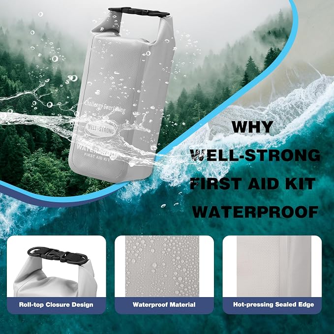 Boat First Aid Kit Waterproof, WELL-STRONG Marine Emergency Kit with Roll Top Dry Bag for Boating Fishing Kayaking – Water-Resistant Contents for Camping & Beach（Light Grey）