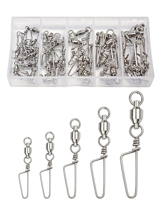 Avlcoaky Ball Bearing Swivels Snaps Fishing Swivels 34pcs/box Heavy Duty Snap Swivel Saltwater Barrel Swivel Fishing Tackle Quick Change Lure Clips Terminal Tackle Assortment for Redfish, Striped Bass