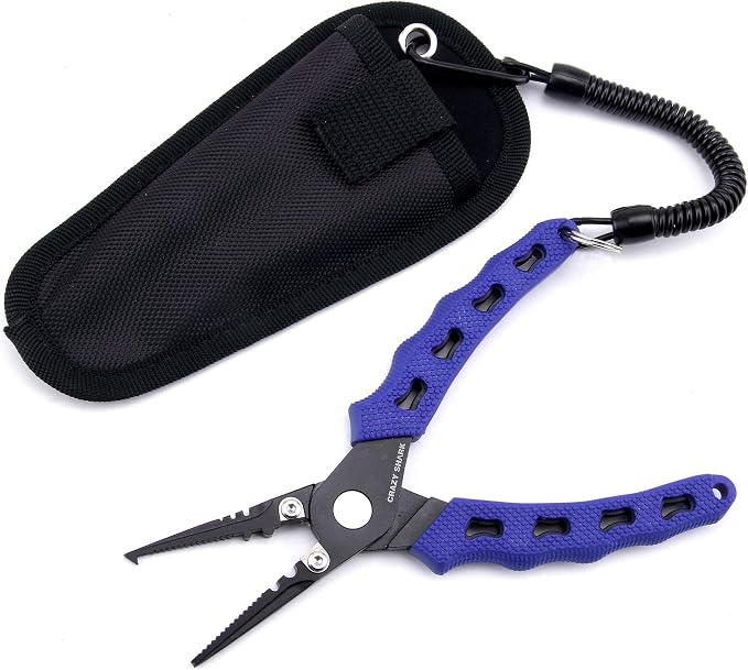 Fishing Pliers, Stainless Steel Fishing Tools, Saltwater Resistant Fishing Gear, Tungsten Carbide Cutters, Split Ring Pliers, Hook Remover with Coiled Lanyard and Sheath
