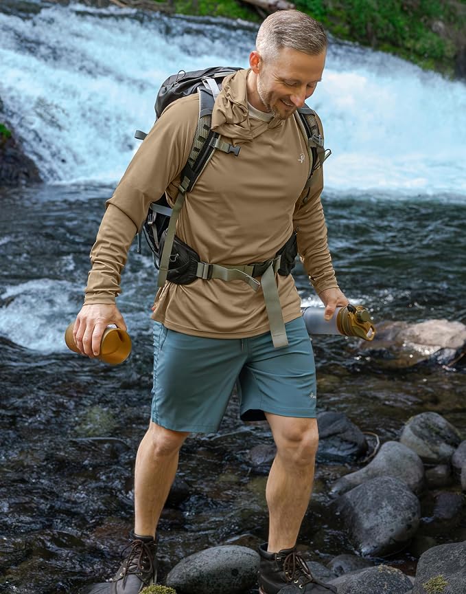 Pudolla Men's Sun Protection Hoodie Shirts UPF 50+ Rash Guard SPF Long Sleeve Fishing Shirt for Men Swim Hiking Boating