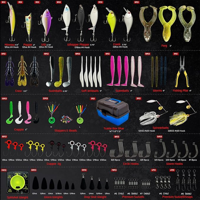 Fishing Tackle Box with Tackle Included Lures, Hooks, Weights, 3-Layer Freshwater Fishing Tackle Kit for Bass Fishing Gear and Equipment, Gift for Fishingman gift choice for Fathers Day