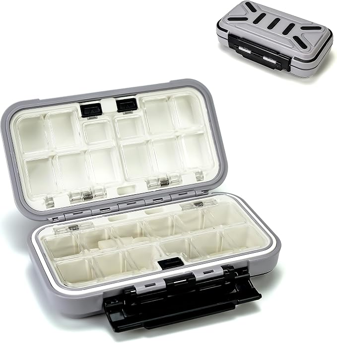Fishing Tackle Box Bait Storage Case Hard Tackle Case Portable Hooks Lure Baits Storage Swivels Jigs Hooks Sinker for Vest Casting Fly Fishing (Grey Waterproof/1pcs)