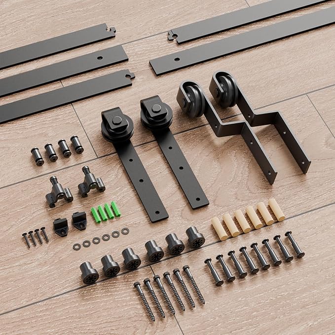 4-14FT Bypass Sliding Barn Door Hardware Kit Single Track System Carbon Steel Basic Roller Hanger Easy to Install Fit Double 40" Wide Doors Panels (6.6ft Single Track Bypass)