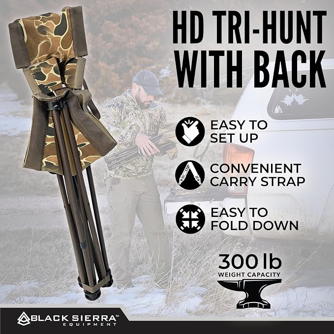 Black Sierra HD Tri-Hunt with Back Hunting Stool, Foldable Tripod Seat w/Steel Frame Supports 300-lb, Heavy Duty Fishing Chair Features Cup-Holder & Carry Shoulder Strap, for Camping