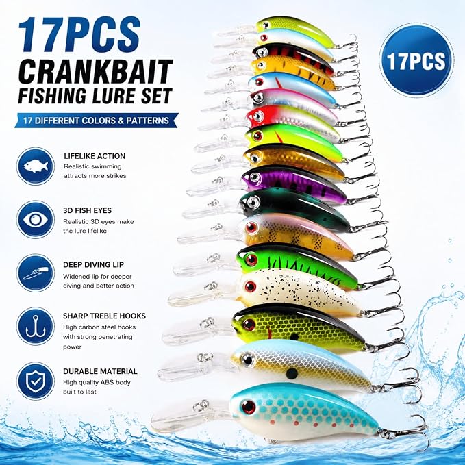 Crankbaits for Bass Fishing 17 PCs, Fishing Lures with Storage Box, 3.94" Deep Diving Crank Baits, Fishing Gifts for Men Freshwater Saltwater