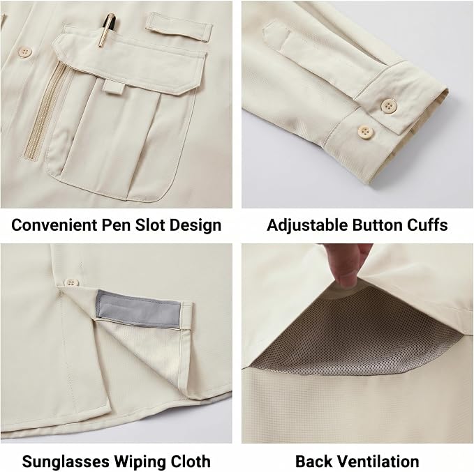 Men's Long Sleeve Fishing Shirts UPF 50+ Sun Protection Quick Dry Shirts Button Down Shirt for Hiking Camping