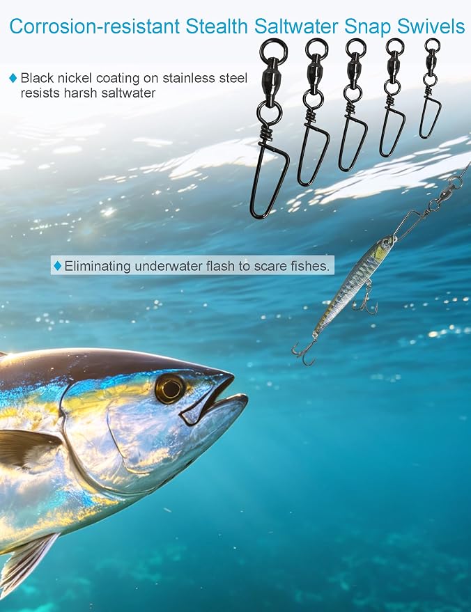 41pcs Ball Bearing Fishing Swivels with Coastlock Snap Kit - Heavy Duty Stainless Steel Snap Swivels Saltwater Connectors 0# - 4# - High Strength Black Nickel Finish Terminal Tackle