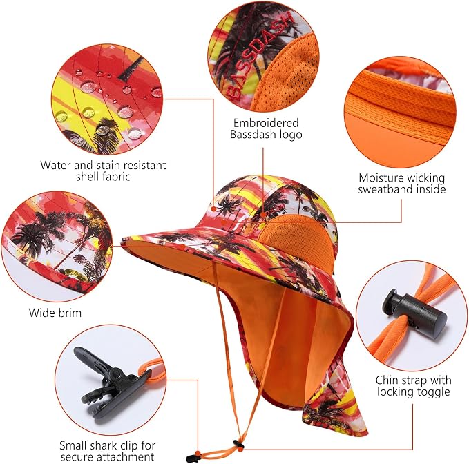 BASSDASH UPF 50+ Unisex Water Resistant Wide Brim Sun Hat with Large Neck Flap Ponytail Fishing Hat for Men Women