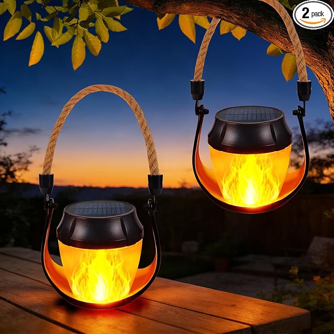 Toodour 2 Pack Hanging Solar Lantern Outdoor - Solar Lantern with Flickering Flame, Waterproof Hanging Lights for Camping, Patio, Deck, Yard, Path, Outdoor Decorations