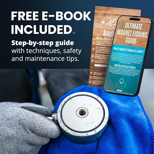 AnglerMag Magnet Fishing Kit - 1325 lbs Double Sided Neodymium Magnetic Fishing Stuff with Rope - 10 PCS Extra Strong Complete Gift Set with eBook, Carabiner, Gloves, Grappling Hook & Carrying Bag