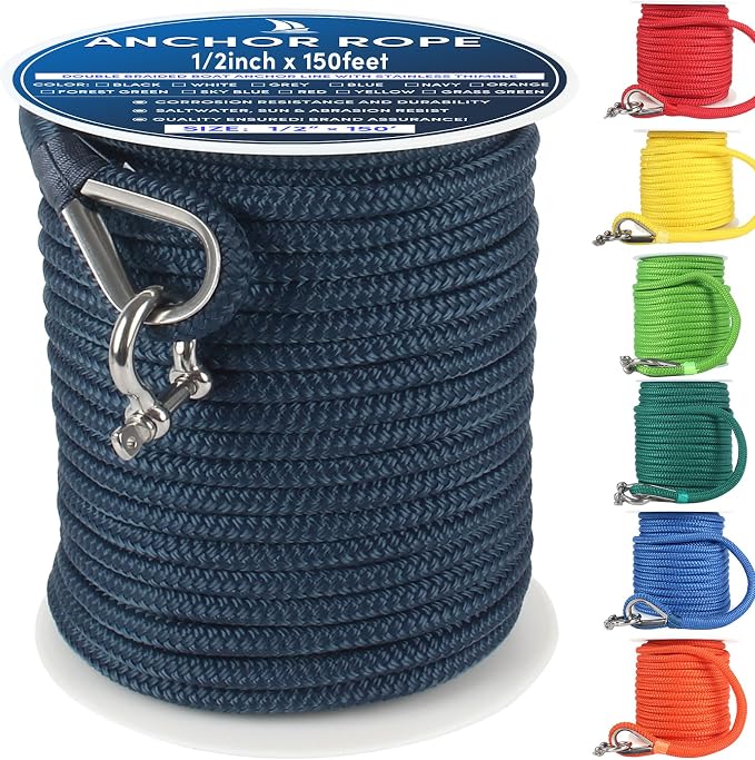 Boat Anchor Rope 150 ft x 1/2 inch Navy Blue, Double Braided Anchor Line with Stainless Steel Thimble & Shackle, Marine Rope Ideal for Towing,Mooring,Decks,Anchoring,for Boats Up to 35'