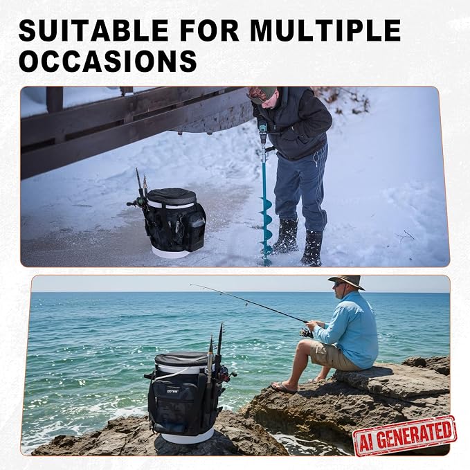 Goture Fishing Bucket Organizer for 5 Gallon Bucket, Heavy-Duty Waterproof Tackle Bag with 15+ Pockets, Ice Auger Holster & Secure Lock Straps for Ice Fishing Gear (Black, No Bucket)