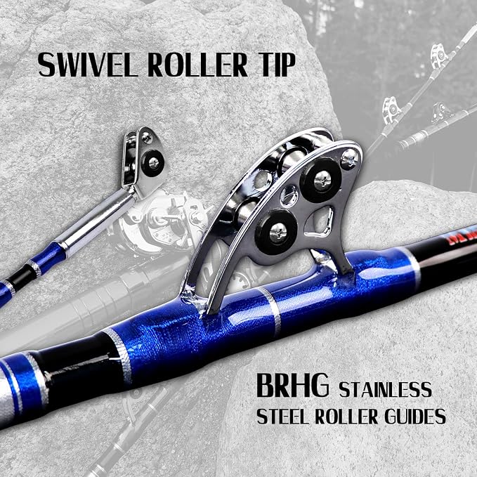 Fiblink 2-Piece Saltwater Offshore Heavy Bent/Straight Butt Trolling Rod Fishing Roller Rod Conventional Boat Deep Sea Fishing Pole (5'1"/5'6"/6'/6'6",30-50lb/50-80lb/80-120lb)