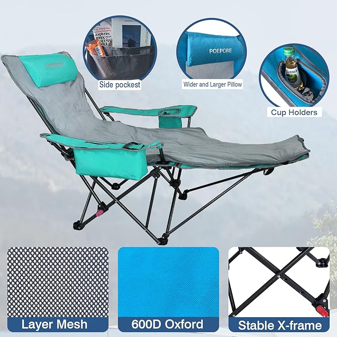 2-Pack Reclining Camping Chair 4 Position with Foot Rest Comfortable for Adults 265Ibs Folding Lounger Mesh Beach Chair with Cooler Bag,Cotton Cushion and Cup Holder for Outdoor Patio