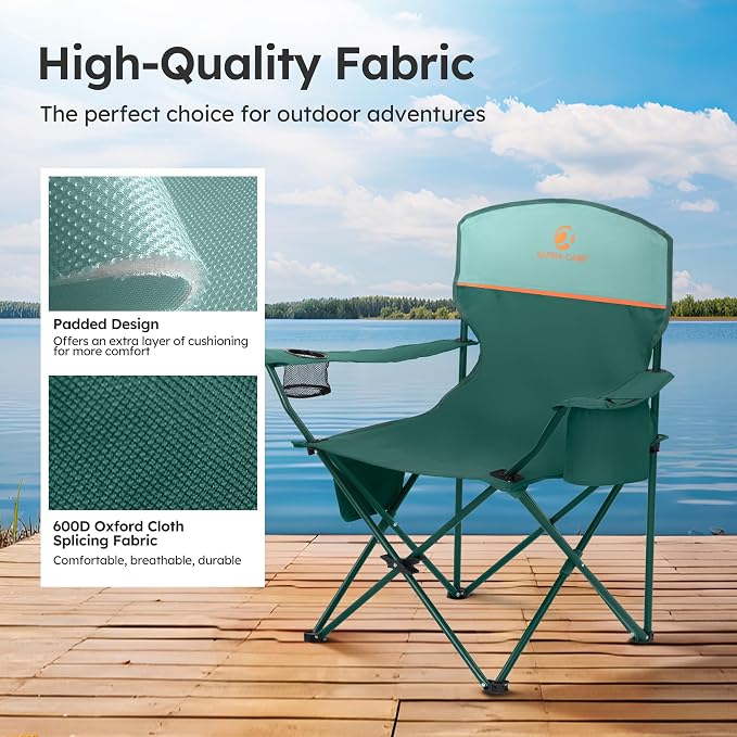 LET'S CAMP Camping Chair 2 Pack Folding Chair with 4-Can Cooler Bag Portable Lawn Chair with Cup Holder,Storage Pocket, Supports 250LBS, Collapsible Chair for Camp, Beach, Picnic (Green)