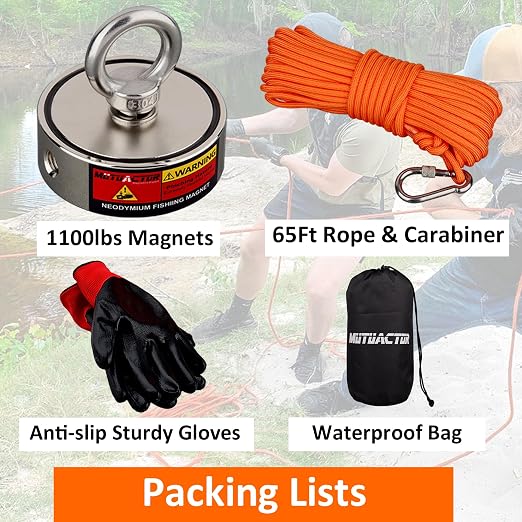 MUTUACTOR Neodymium Fishing Magnet,Double Sided Combined 1100lbs Powerful Fishing Magnet Heavy Duty with 65Ft Salvage Rope,Durable Gloves,Waterproof Bag for Retrieving Tools Find Treasure