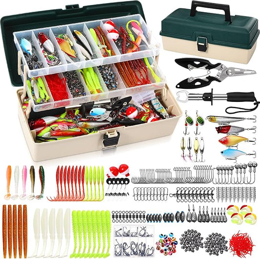 517 Pcs Father's Day Large 3 Layers Tackle Box with Tackle Fishing Lures Kit Included Pliers, Fish Lip Gripper, Crankbait, Hooks, Other Accessories Fishing Kit for Men Gifts(Dark Green Milky White)