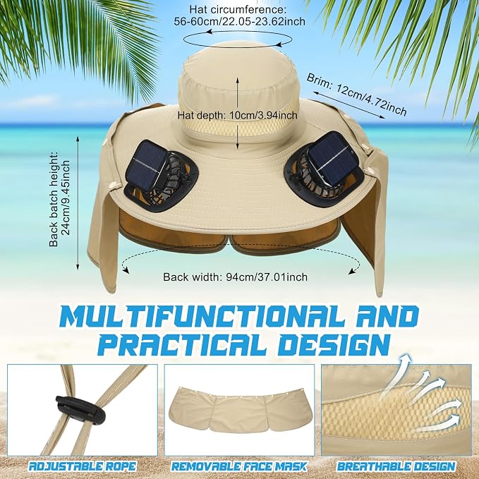 Chuarry Wide Brim Sun Hat with 2 Solar Fans and Neck Flap Outdoor Solar Powered USB Charging Bucket Fishing Hat for Men Women