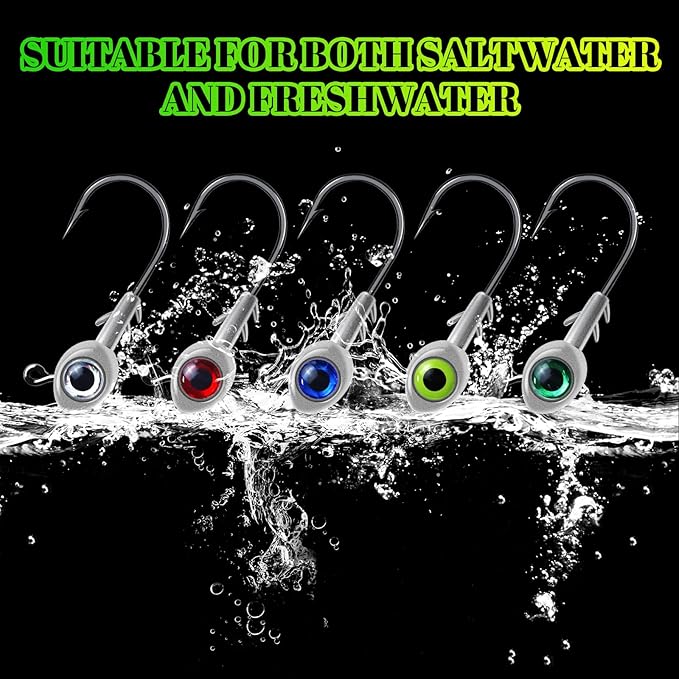 3D Fish Eye Jig Heads, 5 Colors with Lifelike Eyes, Multi Weights, Barbed Fishing Hooks for Walleye Bass Crappie
