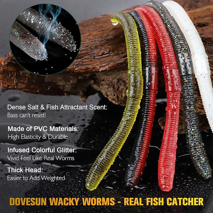 Dovesun Wacky Worm for Bass Trout Fishing Worms Kit with Soft Plastic Baits, Weedless Hooks, Bass Hooks,Weedless Jig Head, Wacky Rig Tool, O-Rings, Weight 152Pcs/131Pcs/50Pcs